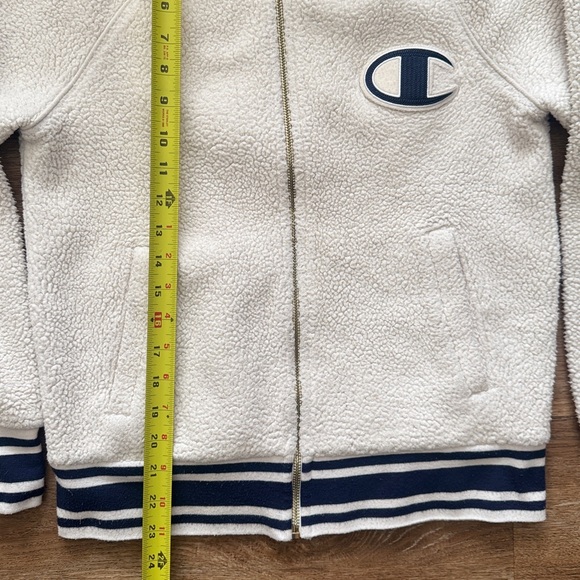 CHAMPION Jacket SHERPA FLEECE BOMBER Logo Patches Script Relaxed Lined Sz Small - Picture 7 of 9